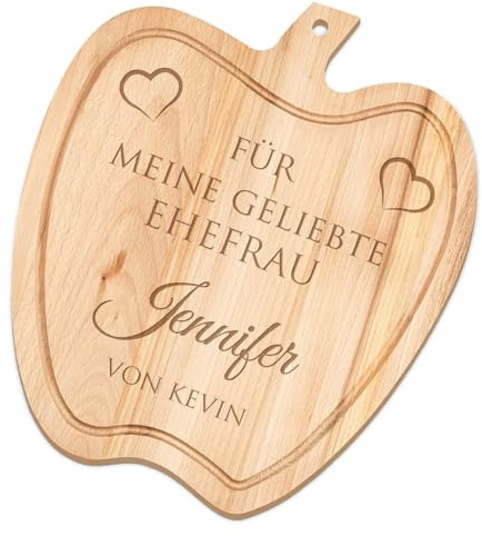 Maverton Schneidebrett Apfel mit Gravur, Holzapfel aus Buchenholz | Brotzeitbrett, Küchenbrett, für Frauen, zum Geburtstag, zu Weihnachten, Herzchen