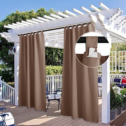 StangH 2 Panels Detachable Top Outdoor Curtains for Porch, Blackout Waterproof Solar Curtains Summer Heat Winter Chill Insulating Shades for Pergola Sliding Glass Door, Tan, W52 x L108