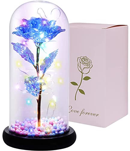 NaoSIn-Ni Rosa de cristal, rosa de galaxia en cúpula de cristal, regalo para cumpleaños, día de la madre, San Valentín, aniversario, decoración de habitación, azul