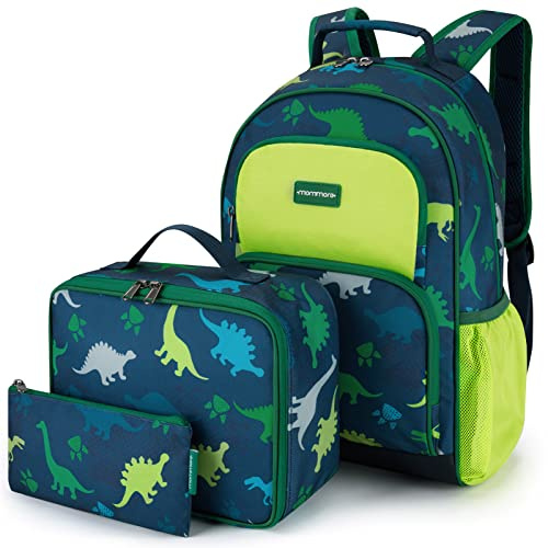 mommore Kids Backpack for Boys, Toddler Backpack for Preschool Kindergarten Elementary Lightweight Bookbag for Students with Lunch Box (3PCS, Dinosaur Green)
