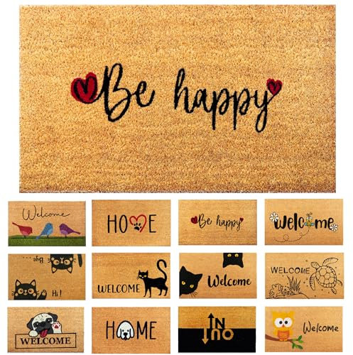 AMARU DOOR MATS Fußmatte Kokosfaser Be Happy - 70x40cm - Willkommens Fussmatte mit Antirutsch PVC & Kokos Oberfläche - für Hauseingänge, Flure, Außentüren, Wohnaccessoires - Schlichtes Originaldesign