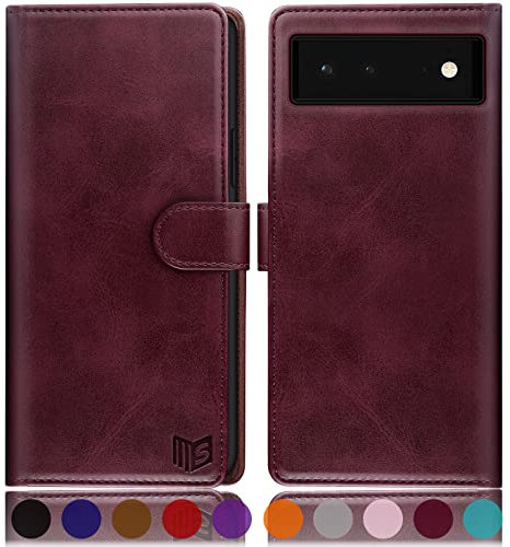 SUANPOT [RFID Schutz für Google Pixel 6A Hülle PU Leder Handyhülle Lederhülle Klapphülle Kartenfach Flip Cover für Pixel 6A Handy hülle Leather Wallet Phone Case (Rotwein)