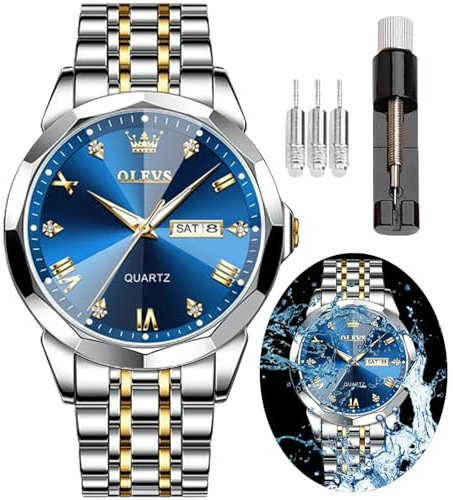 OLEVS Orologio da uomo con diamanti per affari, orologio analogico al quarzo in acciaio inossidabile, impermeabile, luminoso, con data, due toni, orologio da polso casual di lusso