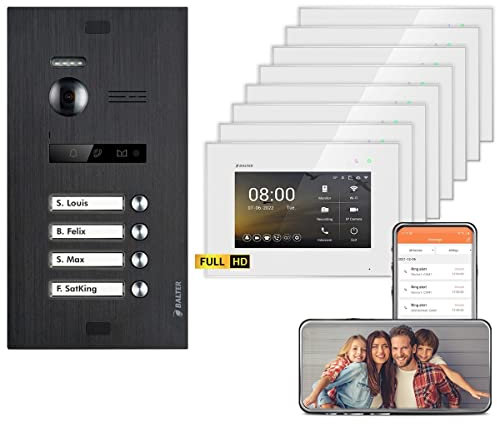 Nonic Balter EVO HD Schwarz/Weiß WiFi Video Türsprechanlage Set für 4 Familienhaus (1x Türstation mit Full HD-Kamera, 8X Touchscreen 7 Zoll Monitor, Smartphone APP, 2-Draht, 175° Weitwinkel)