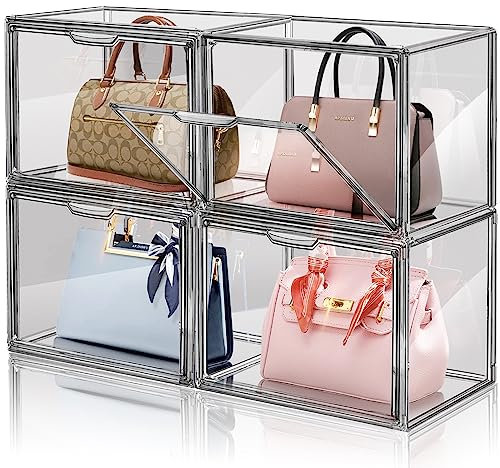 4 Packs Clear Plastic Handbag Storage Organizer for Closet, Acrylic Display Box for Handbag, Stackable Storage Boxes Bag Organizer with Magnetic Door for Purse Clutch Wallet Book Toys
