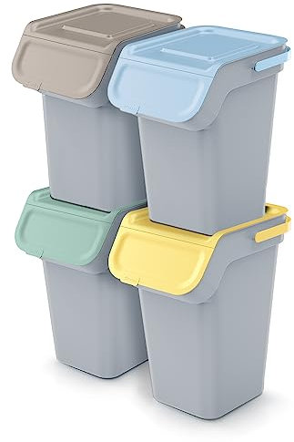 Lot de 4 bacs Kaddi gris empilables collection différenciée en plastique 100 litres (4 x 25 L) de recyclage poubelle pour intérieur maison cuisine