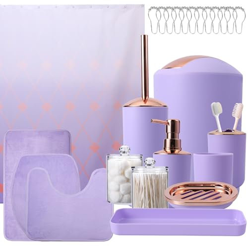 BSSN Complete Purple Bathroom Accessories Set with Shower Curtain and Rugs - 25Pcs Trash Can, Lotion Dispenser, Soap Dish, Toilet Brush, Toothbrush Holder, Tumbler Cup, Tray, Q-Tip Canisters, Hooks