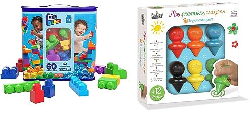 MEGA Bloks Sac Bleu, Jeu de Blocs de Construction, 60 pièces, Jouet pour bébé et Enfant de 1 à 5 Ans, DCH55 & Créa Lign - Coffret Loisir Créatif - Mes Premiers Crayons - Dès 12 Mois - CL175