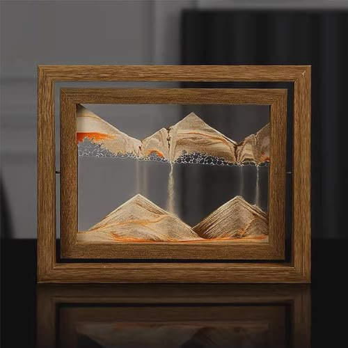 EUPXRHY Fließender Sand Rahmen aus Holz, Sandbild zum Drehen mit Glas, Bunt 3D Sandbilder Kinder, Fließende Sandmalerei, Bürotisch Deko fur Büro Entspannung, 25.5x20.5cm,Braun