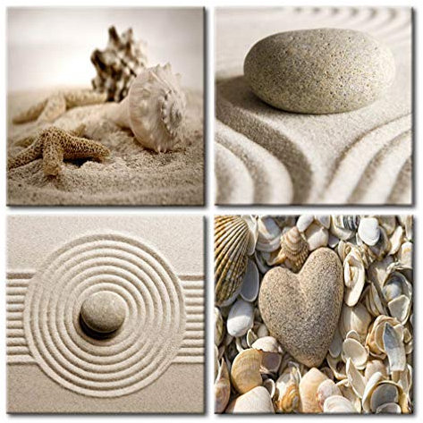 decomonkey - Impression sur Toile Intissé Pierre Spa 40x40 4 Pièces - Tableau Décoration Appartement Cadre en Bois Déco Salon Peinture sur Toile Maison Pierre mer nature paysage sable plage cœurs