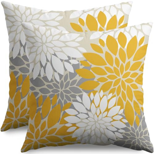 Kissenbezüge mit moderner Geometrie, Dahlie, Blumendruck, für den Außenbereich, Bauernhaus, für Zuhause, Couch, Sofa, Bett, Dekoration, Gelb, Weiß, Grau, 45,7 x 45,7 cm, 2 Stück