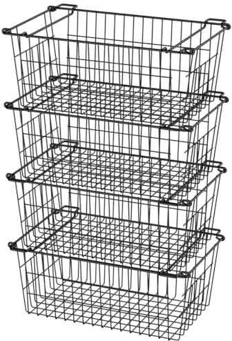 SANNO Gefrierschrank-Organizer, stapelbare Gefrierschrank-Aufbewahrungsbehälter mit Griffen, stabile Metall-Lebensmittelkörbe, Speisekammer, organisiert, Schwarz