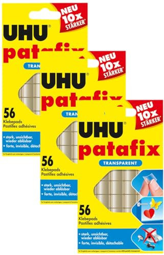 UHU Patafix transparent, Durchsichtige, doppelseitige Klebepads für schnelles und einfaches Befestigen und Fixieren, 56 Stück (Packung mit 3)