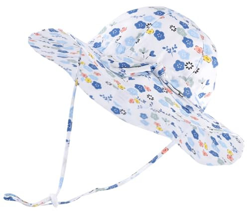 LACOFIA Baby Mädchen Sonnenhut UPF 50+ UV Schutz Kleinkind Sommer Baumwolle Mütze Strandhut Visierkappe mit Verstellbarem Kinnriemen Weiße Blumen 2-5 Jahre