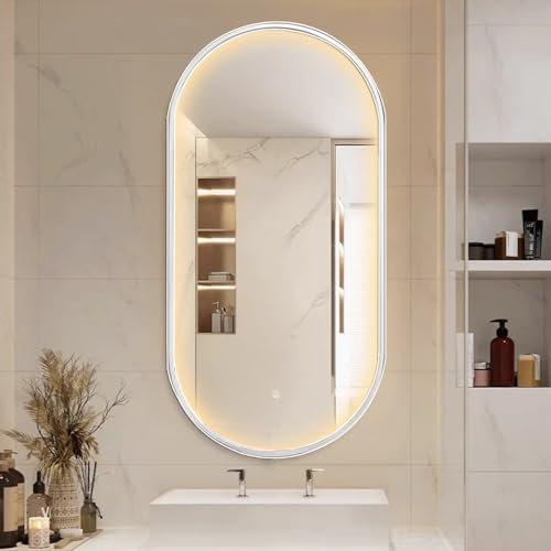 Espejo De Pared LED Ovalado De 40x60cm, 40x70cm, 40x80cm, 50x80cm, 50x100cm,Espejo De Baño Avec Luces De 3 Colores, Espejo De Maquillaje Iluminado Con Marco De Aleación De Aluminio ( Color : White , S