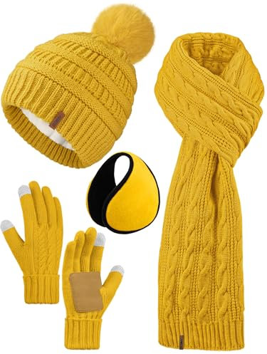 Aneco 4-in-1 Damen-Wintermütze, Schal, Touchscreen-Handschuhe, Ohrwärmer, Set, Fleece-gefüttert, warm, gestrickt, Totenkopfmütze mit Bommel, gelb, Medium