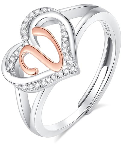 INFUSEU Damen Ring Mit Initialen, 925 Sterling Silber V Buchstabe Herz Offener Ringe Buchstabenform Initial Name Alphabet A-Z Verstellbar Personalisierter Schmuck Geschenke für Frauen Damen Mädchen