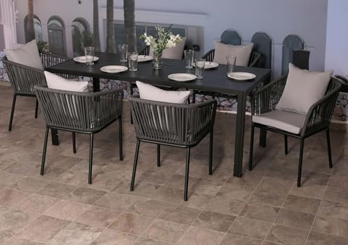 Mendler Gartengarnitur HWC-N41, Tisch+6xStuhl, wetterfest Alu 180x80cm, Seilgeflecht Rope - anthrazit Kissen grau