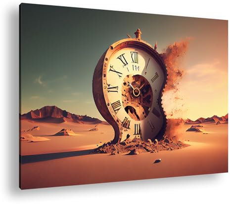 Surrealistische Zeit: Schmelzende Uhr in der Ödnis Format: 60x40 cm als Leinwandbild, Motiv fertig gerahmt auf Echtholzrahmen, Hochwertiger Digitaldruck mit Rahmen