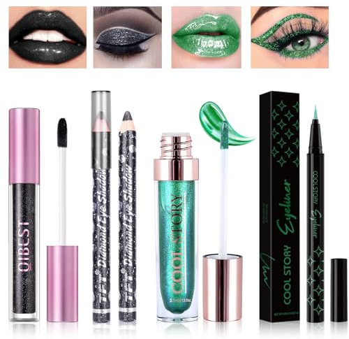 Desing Wish 4 Stück Glitzer Lippenstift Schwarzer Eyeliner Grün Lidschatten Stift Set Schwarz Lip Gloss 24 Stunden Halt Lipstick Long Lasting Lidschattenstift Eyeliner Make up Schminke Damen Geschenk