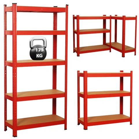 Garage Shelving Units,5 Tier Shelving Unit Garage Shelves Storage Shelf Heavy Duty Shed Storage Racking Shelf Metal Boltless for Warehouse Workshop Office (Red, 70X30X150)