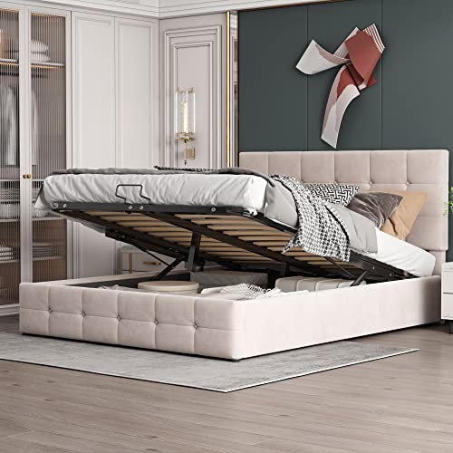 Gegtuon Polsterbett Bett 140x200, Doppelbett mit Kopfteil, Stauraumbett Jugendbett mit Hydraulisch Stauraum Underbett, Funktionsbett Gästebett Bettgestell Lattenrost, ohne Matratze, Samt (Cremeweiß)