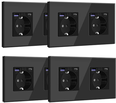 BSEED Schuko Steckdose Mit USB C 20W Schnellladegerät, Glas Panel, 2 Fach Unterputz Einbausteckdose für Phone, Pad, MP3 - Schwarz, 4 Stück