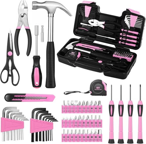 KASAFE 57-Piece Pink Tool Kit Basic Home Repair Tool Set, General Household Hand Tool Kit,Small Tool Kit with Plastic Toolbox Mini Tool kit for Women, Office & College Repairs