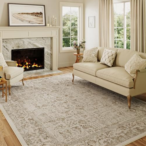 HUGEAR Vintage Hellbraun Waschbarer Teppich Wohnzimmer 150x210cm Retro Rugs for Living Room Weich rutschfest Groß Tepich Kurzflor Schlafzimmer Carpet Living Room Bedroom Esszimmer Teppiche Büro