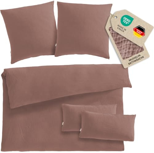 Pure Label Musselin Bettwäsche 5tlg 200x220+2x80x80+2x40x80 Braun | Traumhaft weiche, kuschelige Bettwäsche-Sets aus Musselin - 40° Waschbar