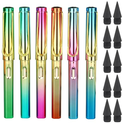 WUSJCOF Ewiger Bleistift mit Radiergummi Aufsatz, Endlos und Dauerbleistift, Ewiger Bleistift ohne Anspitzen, Set aus 6 Ewigstix Bleistiften mit 10 Nachfüllungen