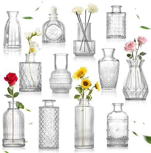 WUSUPU Juego de 12 Jarrones Pequeños de Cristal,Mini Jarron Cristal,jarrones Decorativos Vintage,Centros De Mesa De Cristals De Flores para Decoración del Hogar y del Salón,Decoración de Boda