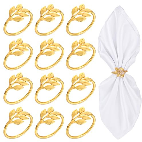 12Pcs Gold Napkin Rings Set Metal Leaf Fall Napkin Rings Design for Christmas, Table Settings, Easter Table Decor, Wedding, Holiday Dinners, Special Occasions, Gift Giving