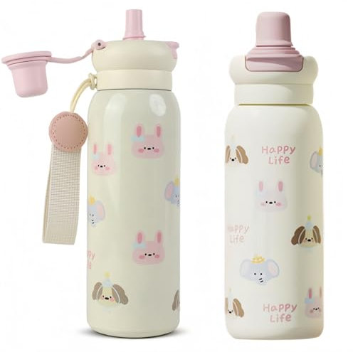 MHwan Botella Agua Acero Inoxidable, 620 ml, Robusta, a Prueba de Fugas, Termo Agua Fria con Pajita para Bebidas Frías y Calientes, Sin BPA, Apta para Niños y Niñas