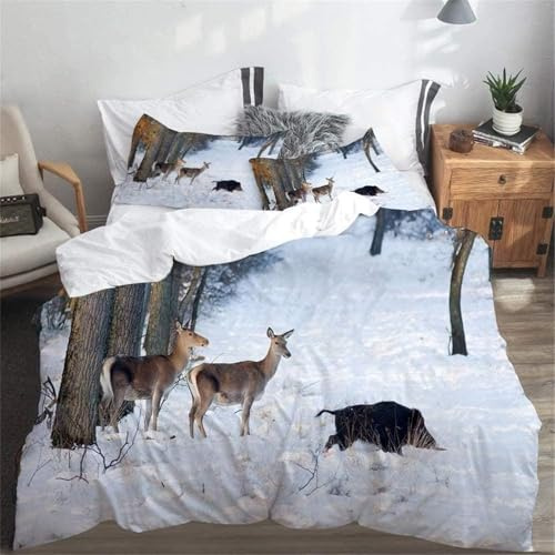 Bettwäsche 200x220 Wildtiere, Hirsch und Wildschwein Bettwäsche-Sets aus Weiche Atmungsaktiv Microfaser, Bügelfrei Wendebettwäsche Bettbezug 200x220 und 2 Kissenbezüge 80x80 cm für Doppelbett, Z19