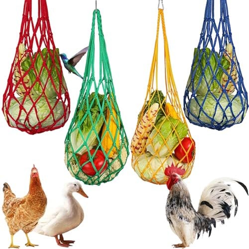 4PCS Poultry Vegetable String Bag, Chicken Toys for Hens, Hanging Chicken Feeder, Snack and Toy for Chickens Ducks Large Birds Geese, Colorful Baskets