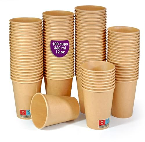 100 Vasos Papel Kraft 360ml / 12oz Grandes. Vasos para Bebidas Calientes y Frías Vaos kraft resistentes, Anti Goteos para Fiestas, Barbacoas y eventos