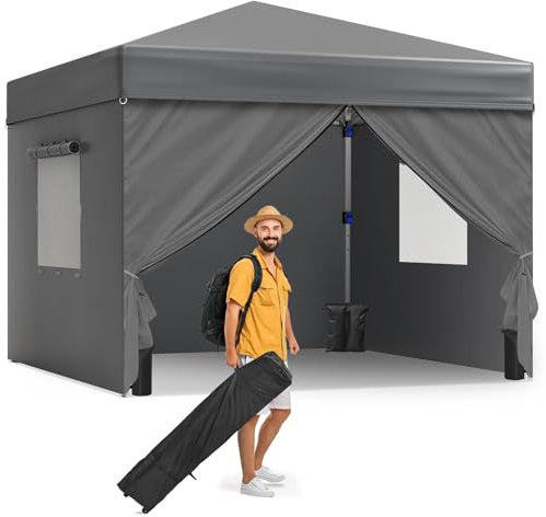 Tonnelle avec côtés 3 x 3 m, abri d'événement 420D résistant aux UV, imperméable, avec sac à roulettes et sacs de sable pour extérieur, marché, spa, barbecue, jardin, fête, camping