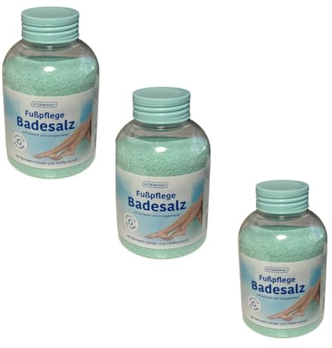 Vitawohl Fußpflege Badesalz mit Beinwell-Extrakt und Pfefferminzöl, Erfrischend und Entspannend, 3x600 g