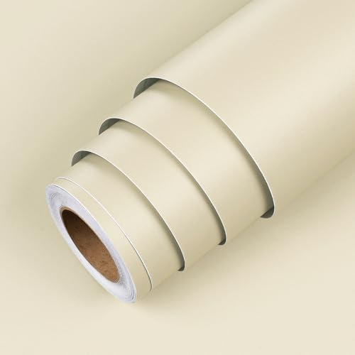 LACHEERY Papier Peint Beige Uni Creme pour Cuisine 40cm x 200cm Papier Peint Adhesif Mural Uni Mat Tapisserie Autocollante Murale Salon Résistant à l'Eau Vinyle pour Armoire Salle de Bains Chambre