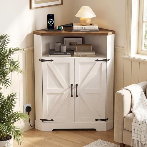 BonVache Corner Cabinet with Power Outlets,3 Tiers Small Storage Cabinet with Adjustable Shelves and Barn Doors, Freestanding Wooden Storage Hutch Cupboard for Living room, Kitchen, Living Room
