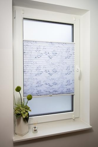 Klemmfix Plissee floraler Druck Blattzweig Bogota, ohne Bohren oder Schrauben, inkl. Klemmträger Breite: 70 cm/Länge: 220 cm, Farbe: weiß