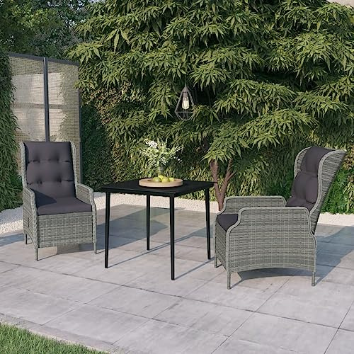 Runheo 3-TLG. Garten-Essgruppe, Hellgrau PE-Rattan, Verstellbare Sessel, Glastisch, Outdoor Möbel Set für Terrasse, Balkon, Garten, robust und pflegeleicht