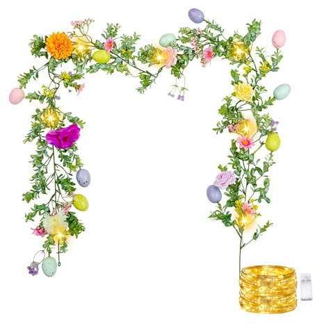 Osterdeko Girlande mit Beleuchtung, 1.8M Ostergirlande mit LED Lichterkette Beleuchtete Girlande Frühling mit Ostereier Blumen Osterdeko Künstlich Eiergirlande Blumengirlande Ostern Frühlingsdeko (B)