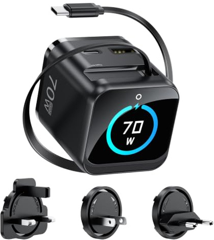 70W Retractable Charger Plug, 3-Port GaN, Smart Display, Touch Control | USB C Fast Charger Plug with Retractable Cable, Laptop Charger for MacBook, iPad, iPhone 17/16/15 Series, Galaxy, Laptops