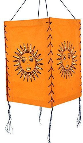 GURU SHOP Lokta Papier Hänge Lampenschirm, Deckenleuchte aus Handgeschöpftem Papier - Sonne 2 Orange, Lokta-Papier, 28x18x18 cm, Asiatische Lampenschirme aus Papier & Stoff