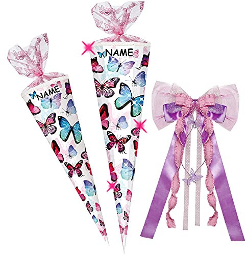 große XL - Schultüte - Schmetterling - bunt - 100 cm - 12 eckig - incl. Name und große 3D Effekt Schleife - Organza - Tüllabschluß - Zuckertüte - Nestler - ..
