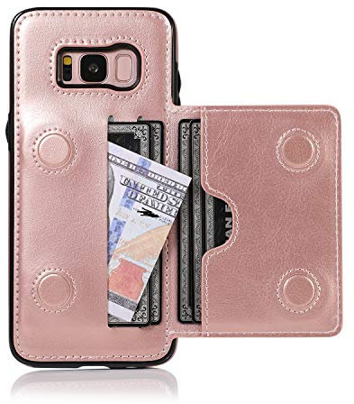 EYZUTAK Card Slot Holder Wallet Case for Samsung Galaxy S8, Premium PU Leather Case Kickstand with Hidden Magnetic Closure Flip Durable Shockproof Protective Cover for Samsung Galaxy S8 - Rose Gold