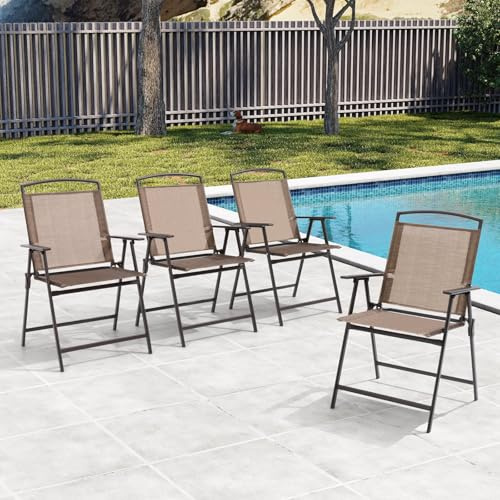 Crestlive Products Set of 4 Patio Folding Chairs 4-Pack Dining Chairs Outdoor Portable Sling with Armrest for Camping, Beach, Garden, Pool, Backyard, Deck (Brown)