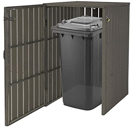 1er WPC-Mülltonnenverkleidung HWC-J28, Mülltonnenbox, Metall Holzoptik, erweiterbar 240l - grau